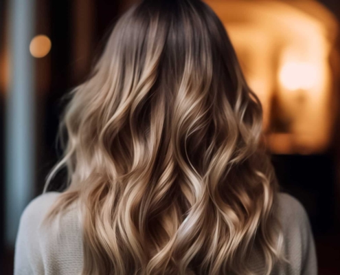 A close - up photo showcasing the balayage effect on hair from the back view