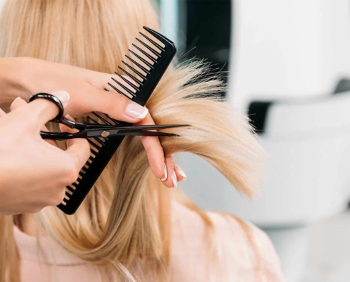 Back view of someones head while they are getting their hair cut