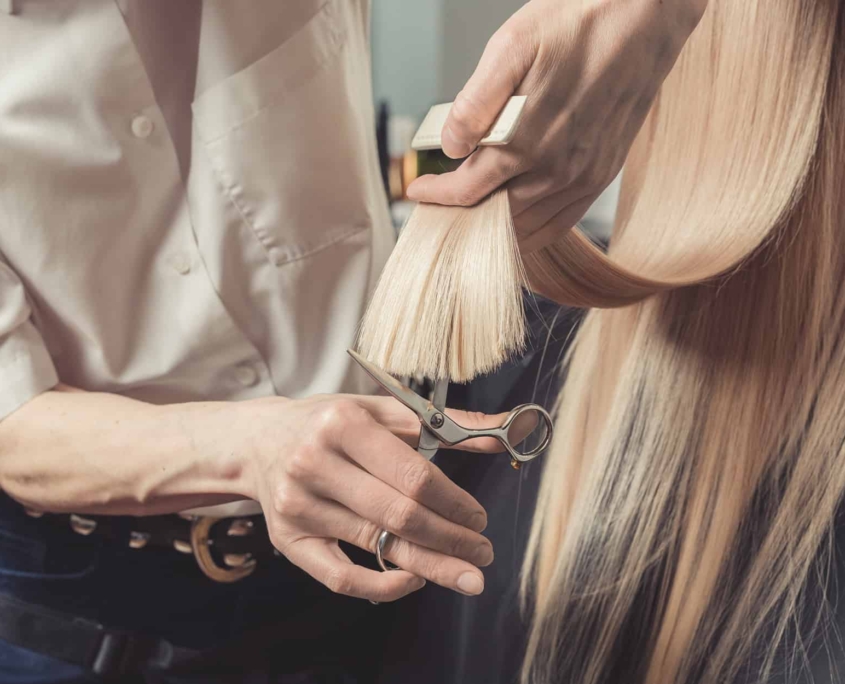 Hairdresser is cutting long hair in hair salon